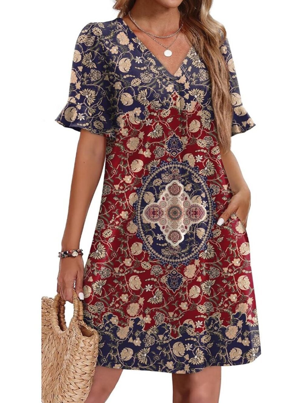 Women's Pattern Baho Red Floral Ruffle Short Sleeve Neck Casual Shift Mini Dress